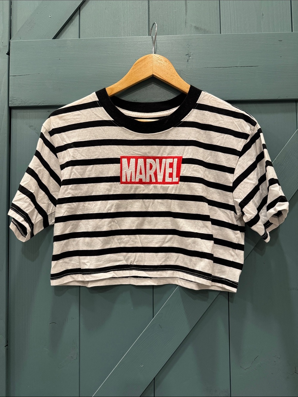 Marvel Black & White Striped Cropped Tee with Red Logo